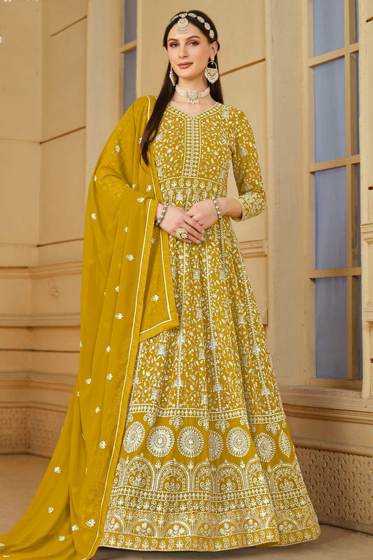 Mustard Semi Stitched Faux Georgette Anarkali Suit NCSM10510281