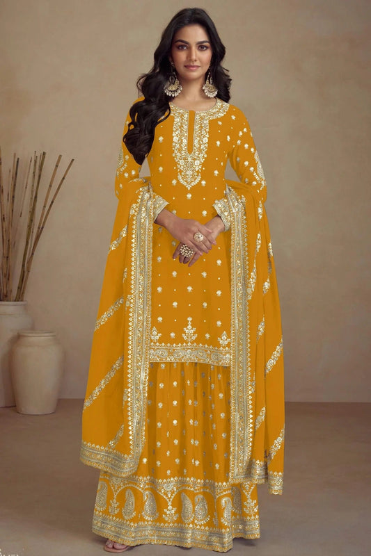 Mustard Semi Stitched Silk Palazzo Pant Suit NCSM11410331