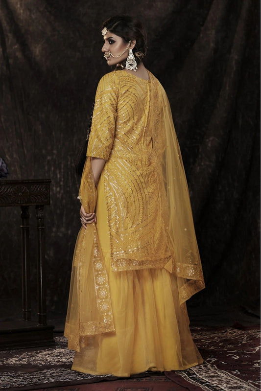 Mustard Soft Net Sequins Sharara Suit NCSM10810372