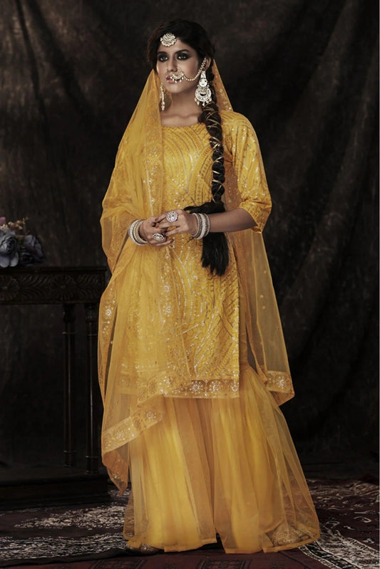Mustard Soft Net Sequins Sharara Suit NCSM10810372