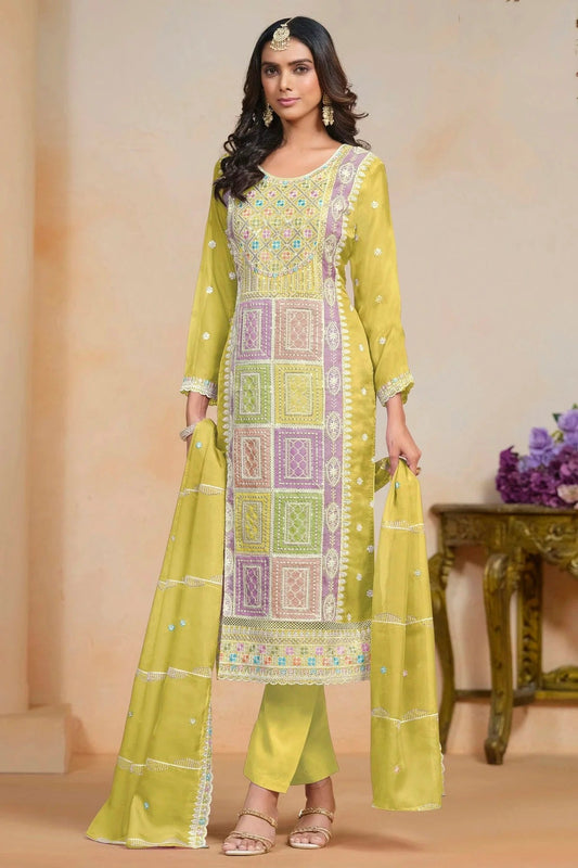 Mustard Soft Organza Semi Stitched Pant Style Suit NCSM10510180