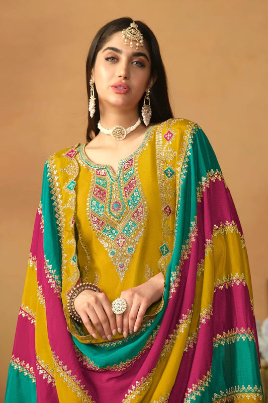 Mustard Straight SuitChinon Silk Semi Stitched  NCSM10510251