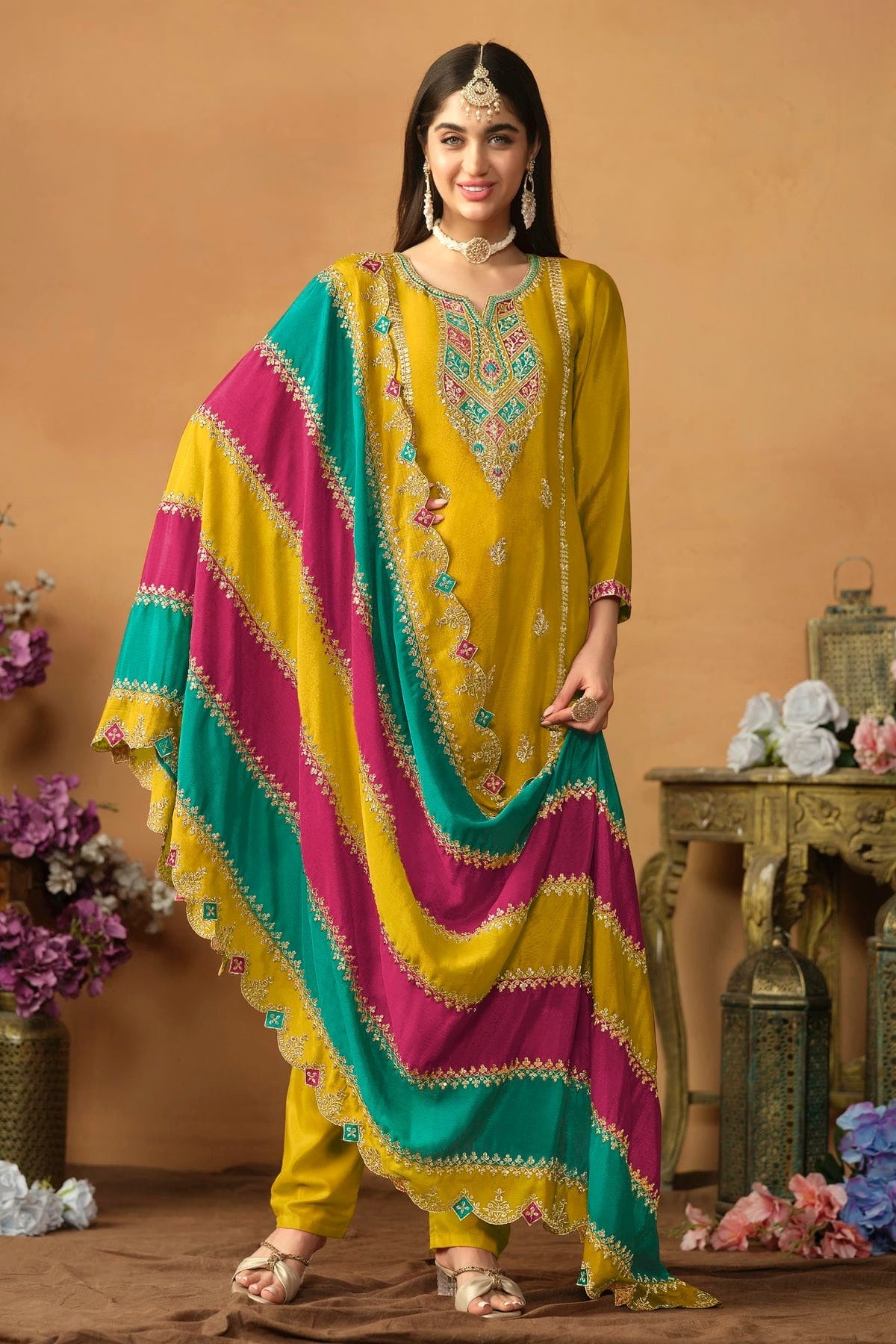 Mustard Straight SuitChinon Silk Semi Stitched NCSM10510251
