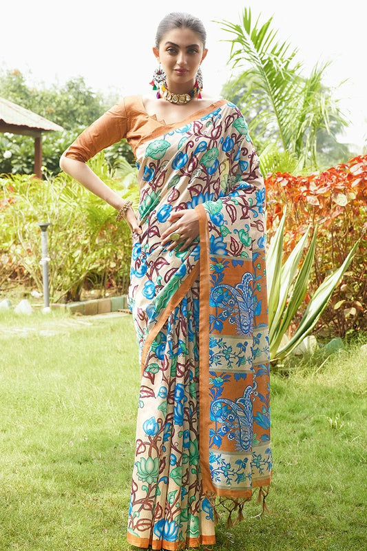 Mustard Tussar Silk Printed Saree NCSD11111540