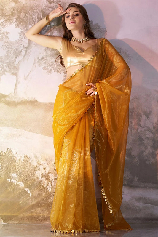Mustard Twill Net Saree NCSD11111071