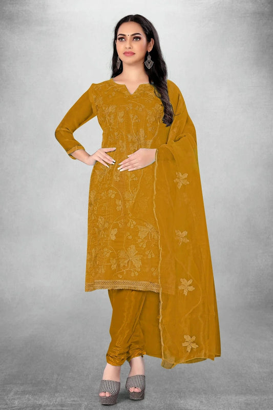 Mustard Unstitched Organza Churidar Suit NCUS11610425
