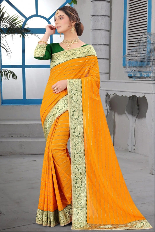 Mustard Vichitra Silk Lace Saree NCSD11210578
