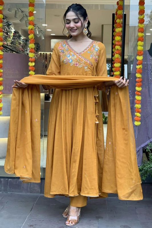 Mustard Viscose Chanderi Stitched Salwar Suit NCSS11111577