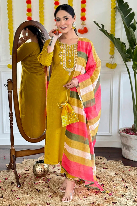 Mustard Viscose Chanderi Stitched Salwar Suit NCSS11111578