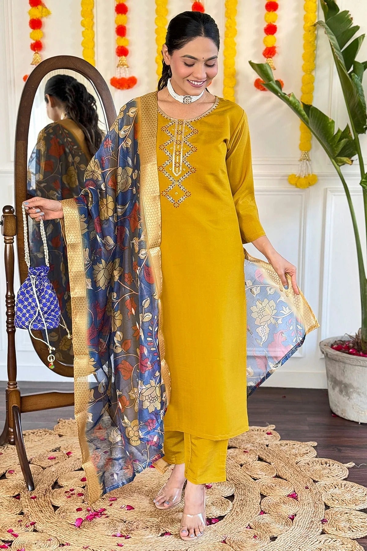 Mustard Viscose Chanderi Stitched Salwar Suit NCSS11111582