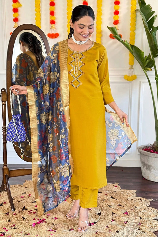 Mustard Viscose Chanderi Stitched Salwar Suit NCSS11111582