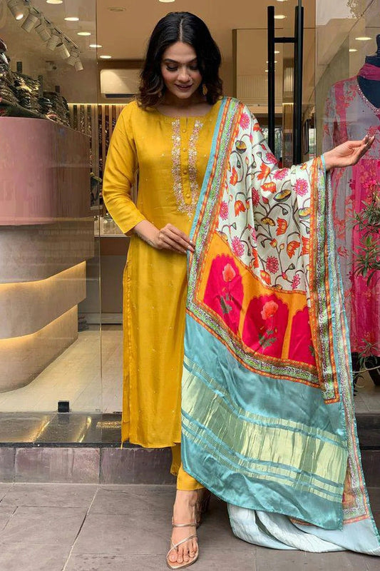 Mustard Viscose Chanderi Stitched Salwar Suit NCSS11111584