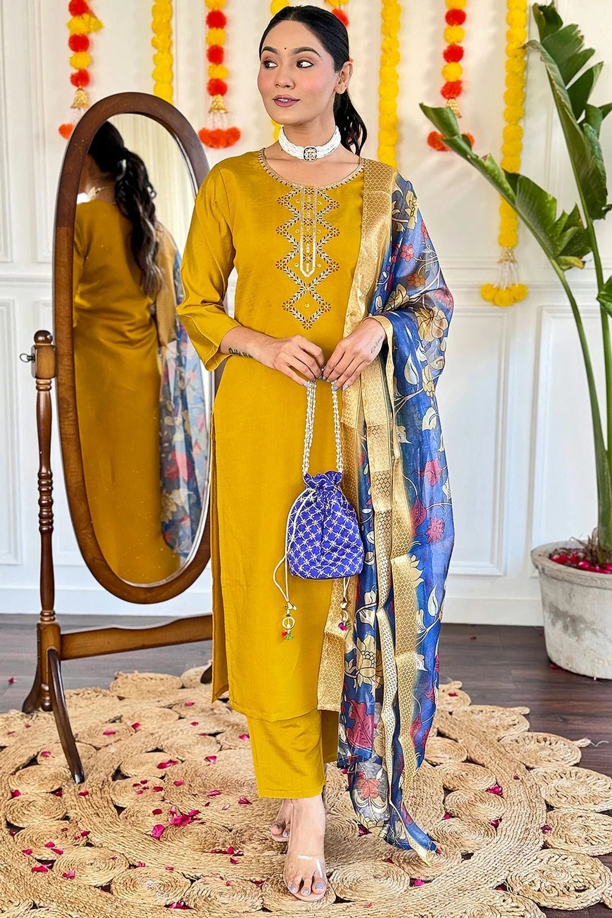 Mustard Viscose Chanderi Stitched Salwar Suit NCSS11111991