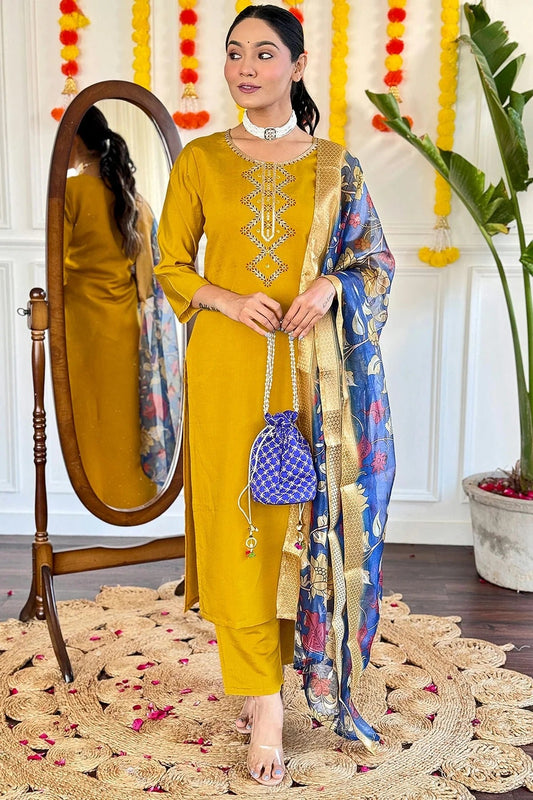 Mustard Viscose Chanderi Stitched Salwar Suit NCSS11111991