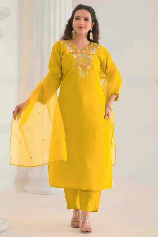 Mustard Viscose Chanderi Stitched Suit NCSS11110683