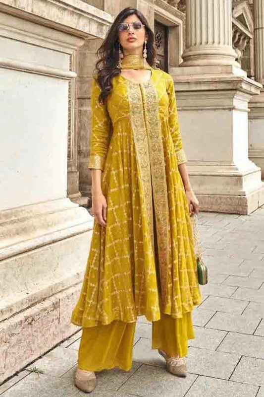 Mustard Viscose Muslin Jacquard Palazzo Pant Suit NCSM11410224