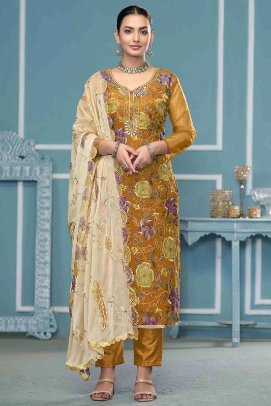 Mustard Viscose Organza Pant Style Suit NCSM11110704
