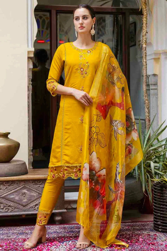 Mustard Viscose Roman Silk Embroidery Pant Style Suit NCSS11110353