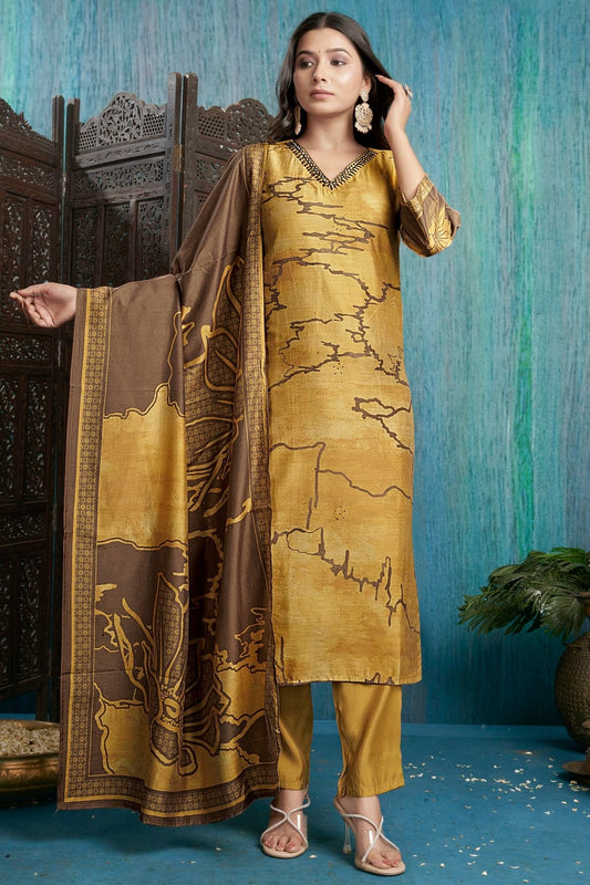 Mustard Viscose Silk Stitched Suit NCSS11111418