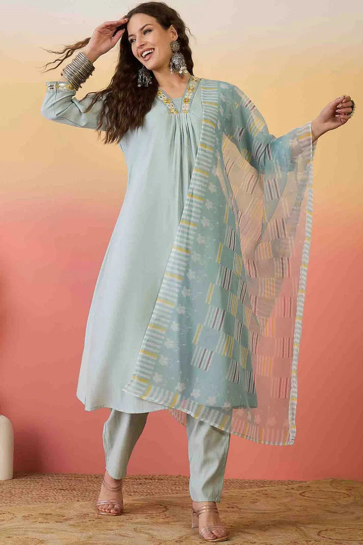 nivakafashions Sky Blue Roman Silk Stitched Pant Style Suit-NFL0013