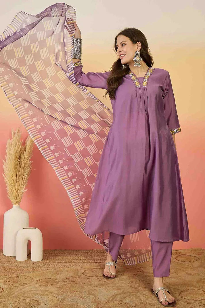 nivakafashions Lavender Roman Silk Stitched Pant Style Suit-NFL0014