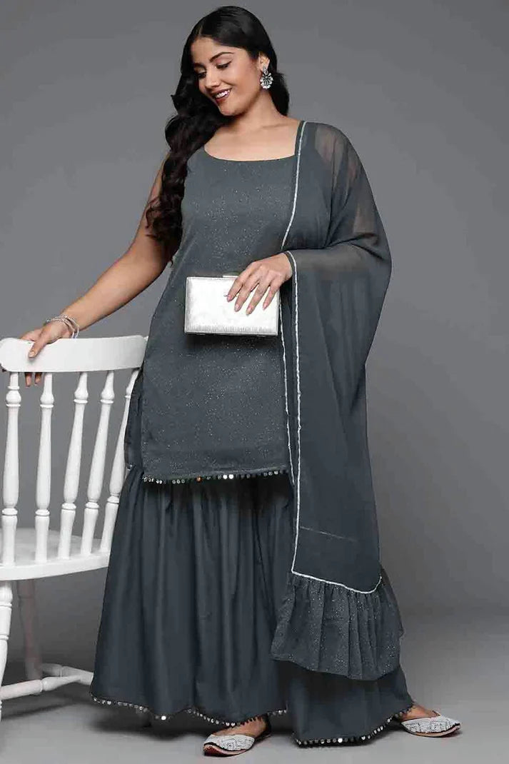 nivakafashions Grey Poly Chiffon Stitched Sharara Suit-NFL0016