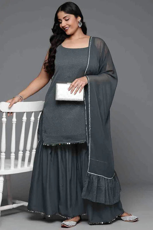 nivakafashions Grey Poly Chiffon Stitched Sharara Suit-NFL0016