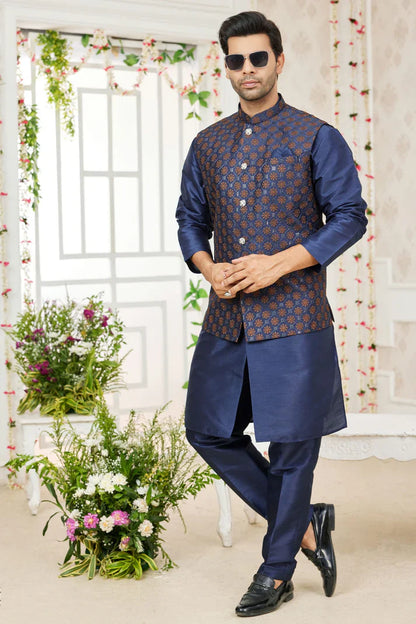 nivakafashions Blue Art Silk Kurta Pajama With Jacket-NFL0021