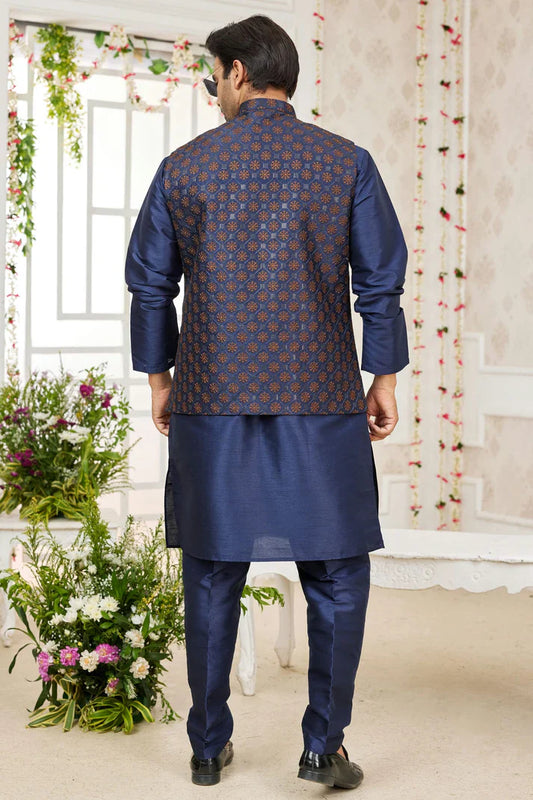nivakafashions Blue Art Silk Kurta Pajama With Jacket-NFL0021