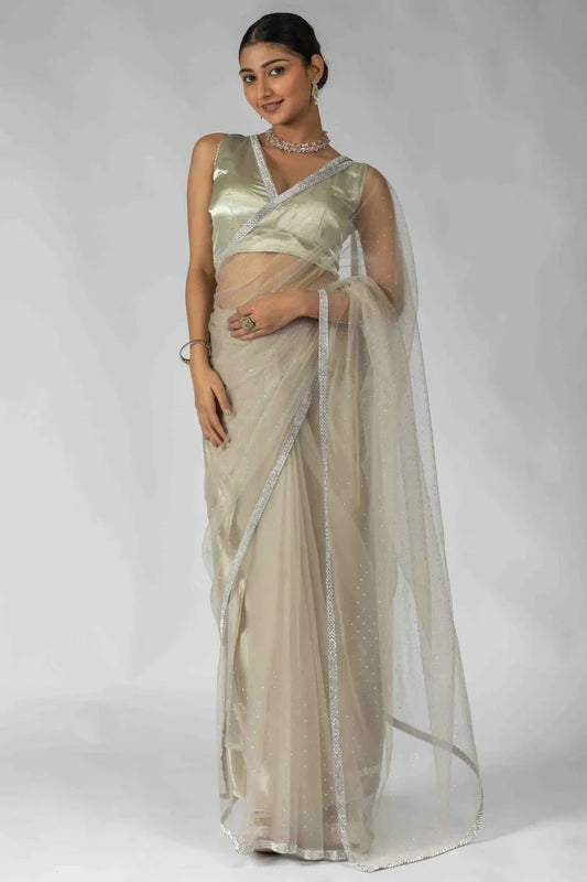 nivakafashions Grey Net Ready To Wear Saree-NFL003