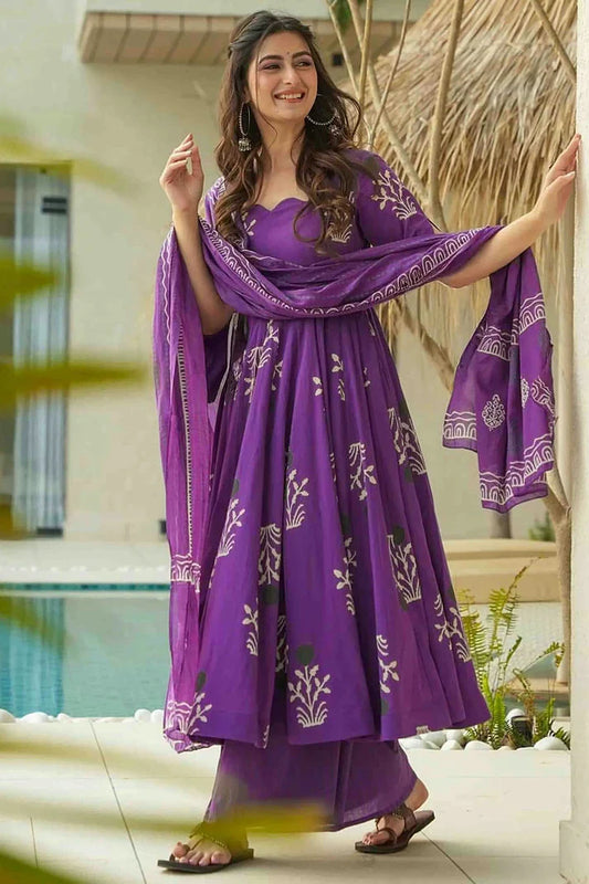 nivakafashions Purple Mal Cotton Stitched Anarkali Suit-NFL004
