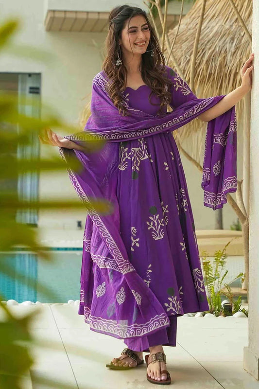 nivakafashions Purple Mal Cotton Stitched Anarkali Suit-NFL004