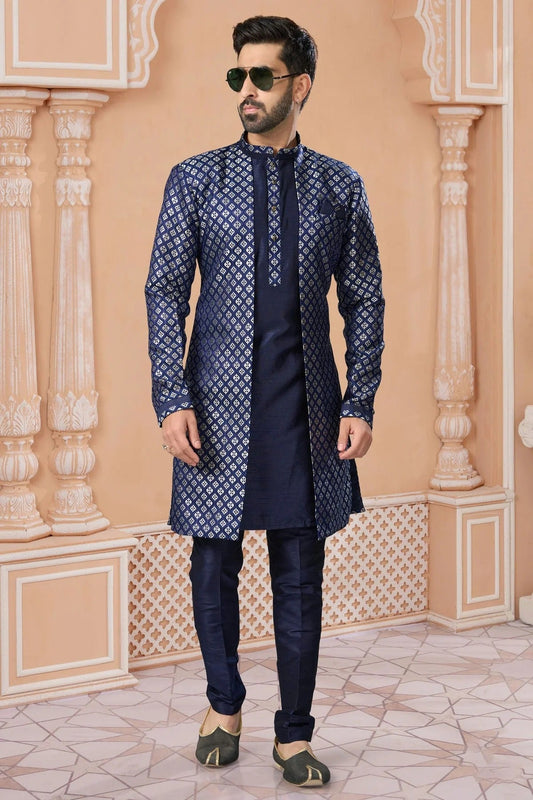 Navy Blue Banarasi Jacquard Sherwani NCSH10410229
