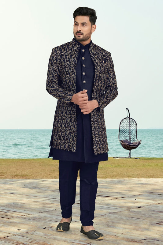 Navy Blue Banarasi Silk Sherwani NCSH10410259