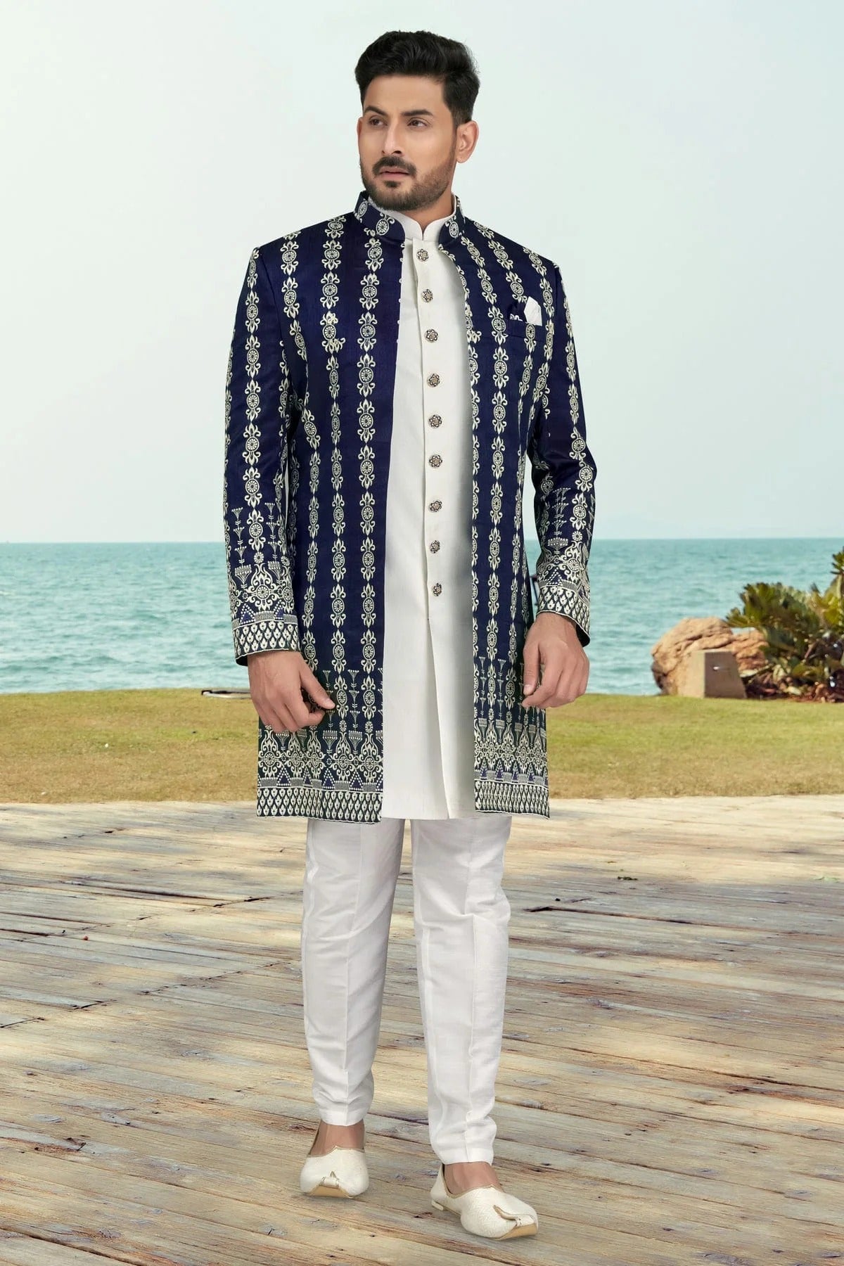 Navy Blue Banarasi Silk Sherwani NCSH10410263