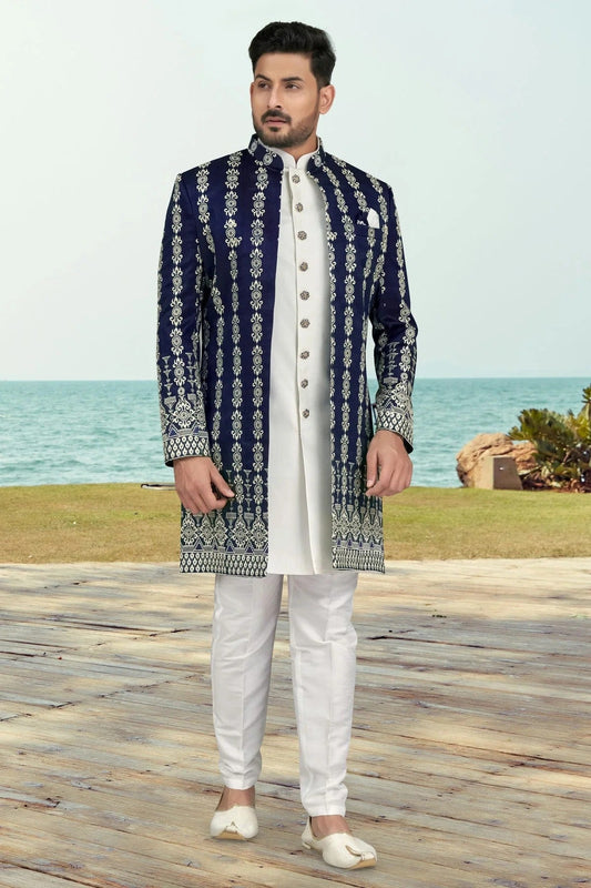 Navy Blue Banarasi Silk Sherwani NCSH10410263