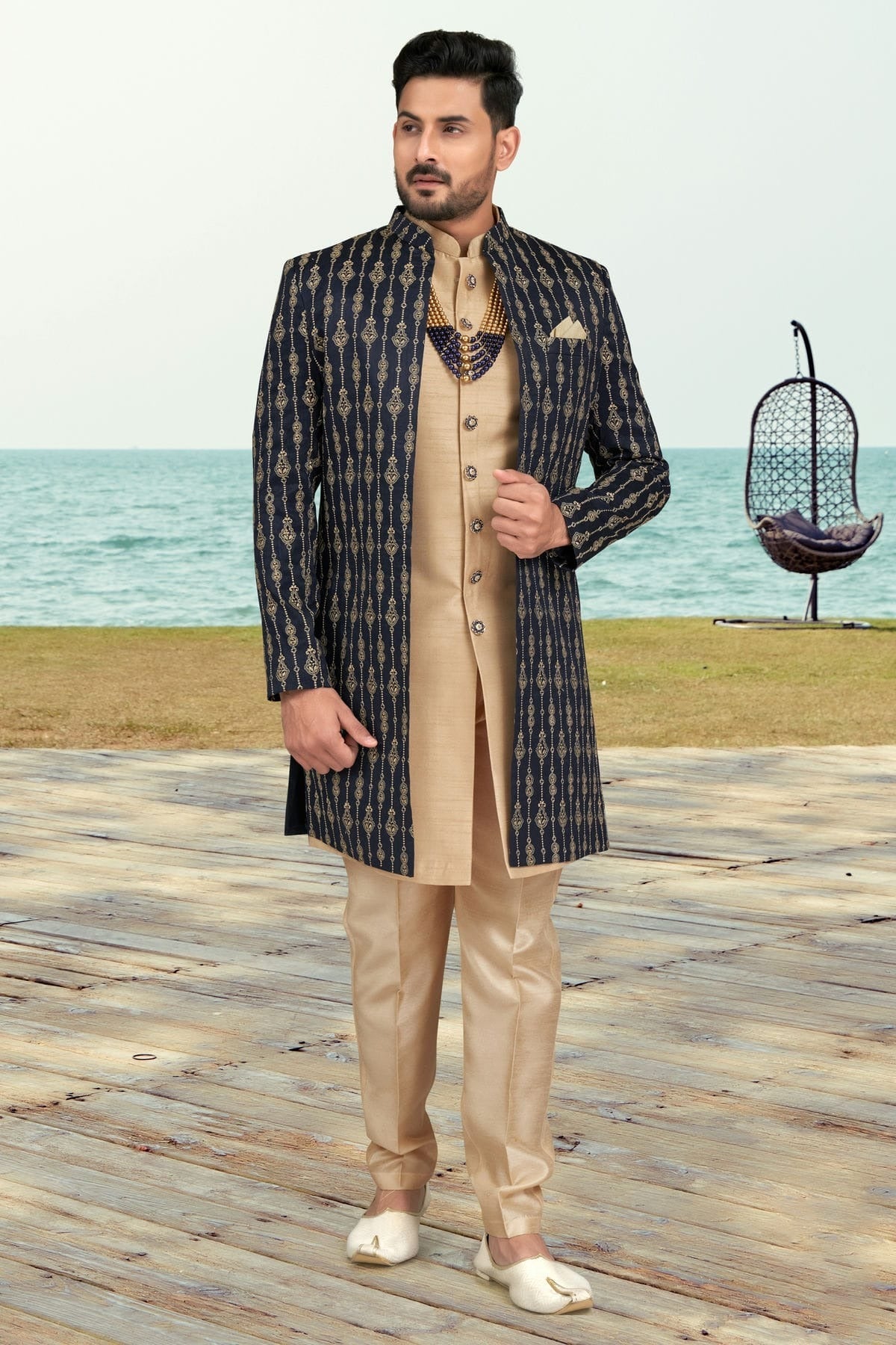 Navy Blue Banarasi Silk Sherwani NCSH10410279