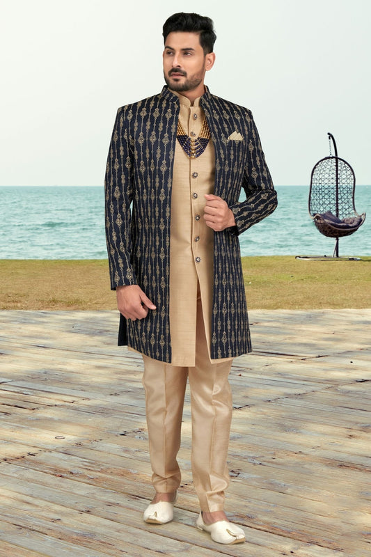 Navy Blue Banarasi Silk Sherwani NCSH10410279