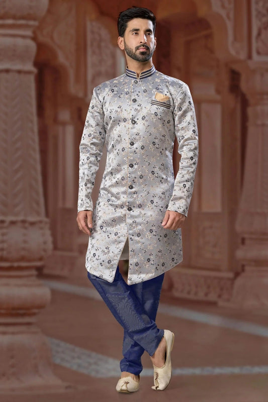 Navy Blue Banarasi Soft Jacquard Sherwani NCSH10410220