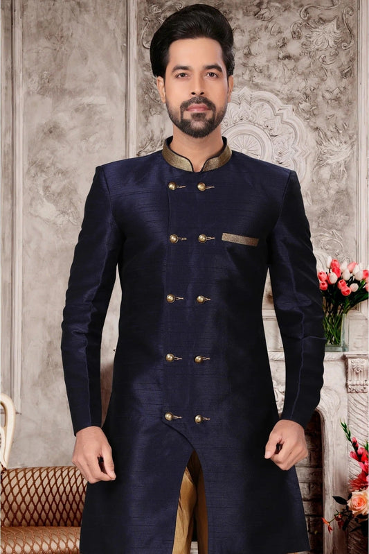 Navy Blue Brocade Silk Dhoti Sherwani NCSH10410386