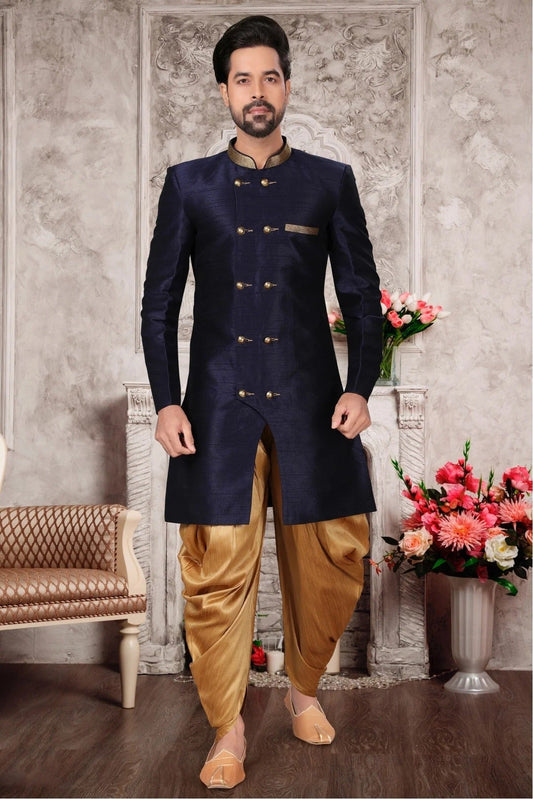 Navy Blue Brocade Silk Dhoti Sherwani NCSH10410386