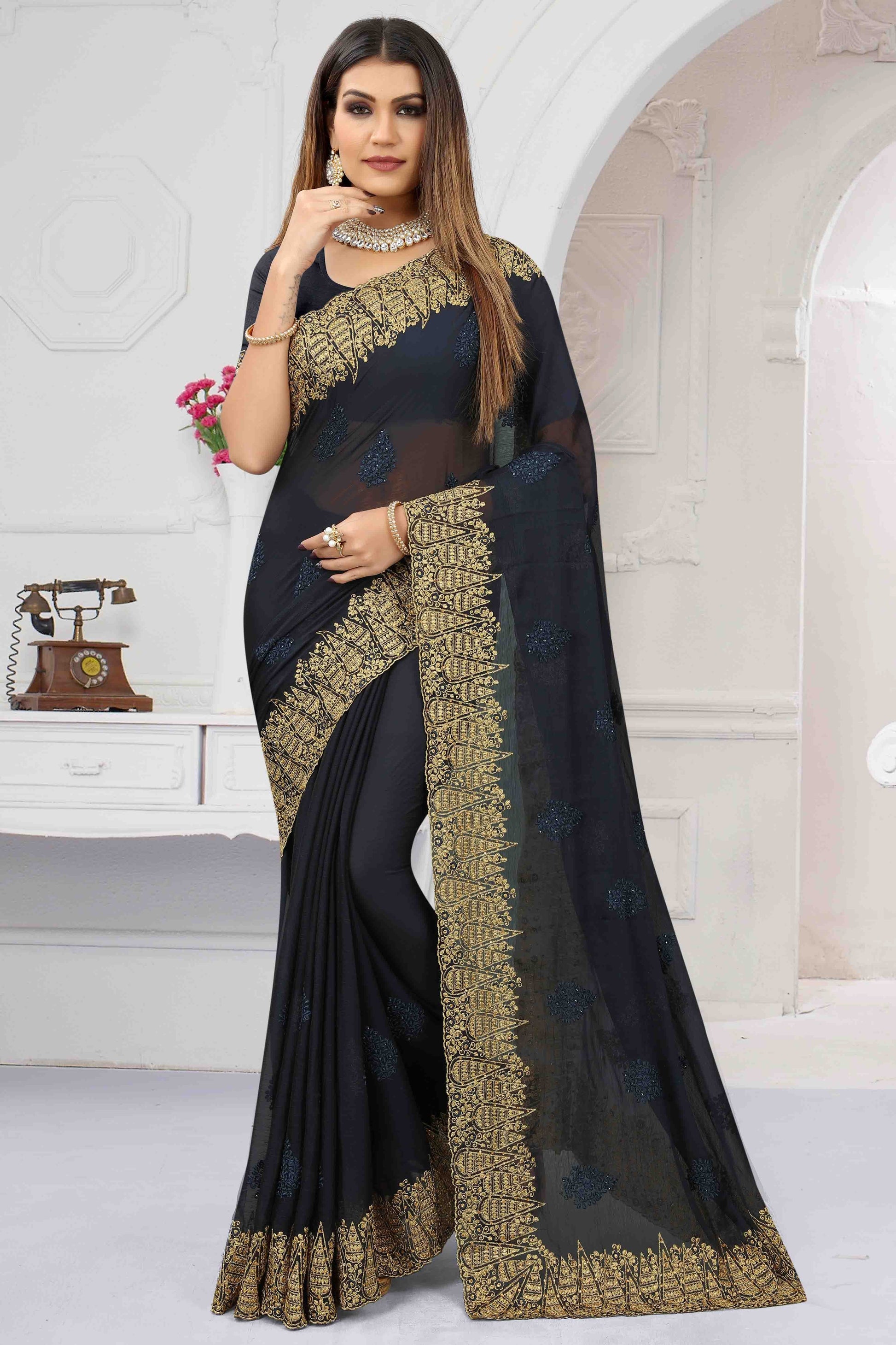 Navy Blue Chiffon Designer Saree NCSD11210923
