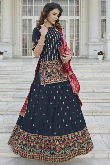 Navy Blue Chinon Chiffon Embroidery Lehenga Suit NCSM11510123