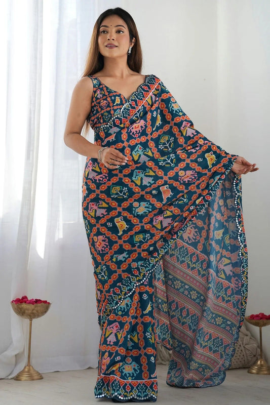 Navy Blue Chinon Printed Saree NCSD11111556