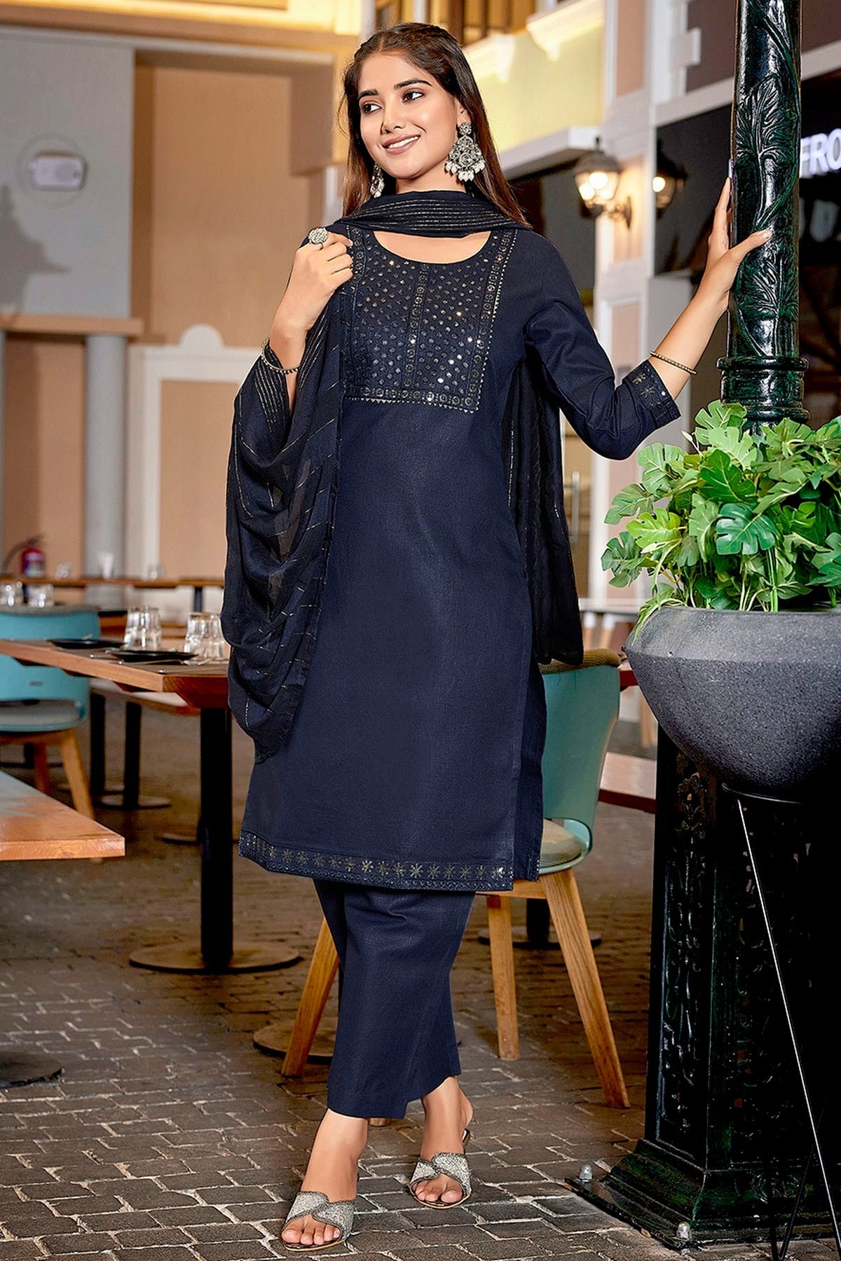 Navy Blue Cotton Blend Stitched Suit NCSS11111397