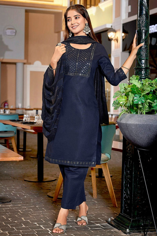 Navy Blue Cotton Blend Stitched Suit NCSS11111397
