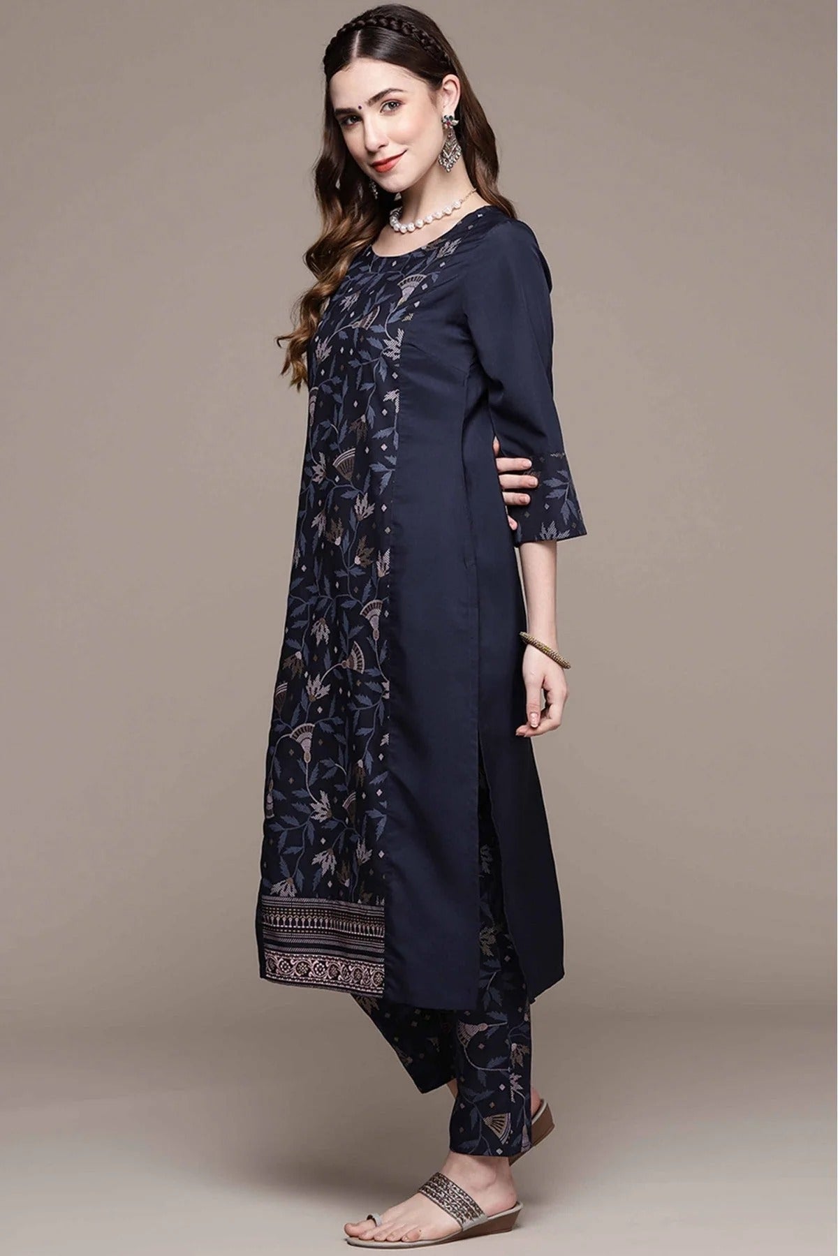 Navy Blue Crepe Foil Print Kurta With Pant  NCKR10610151