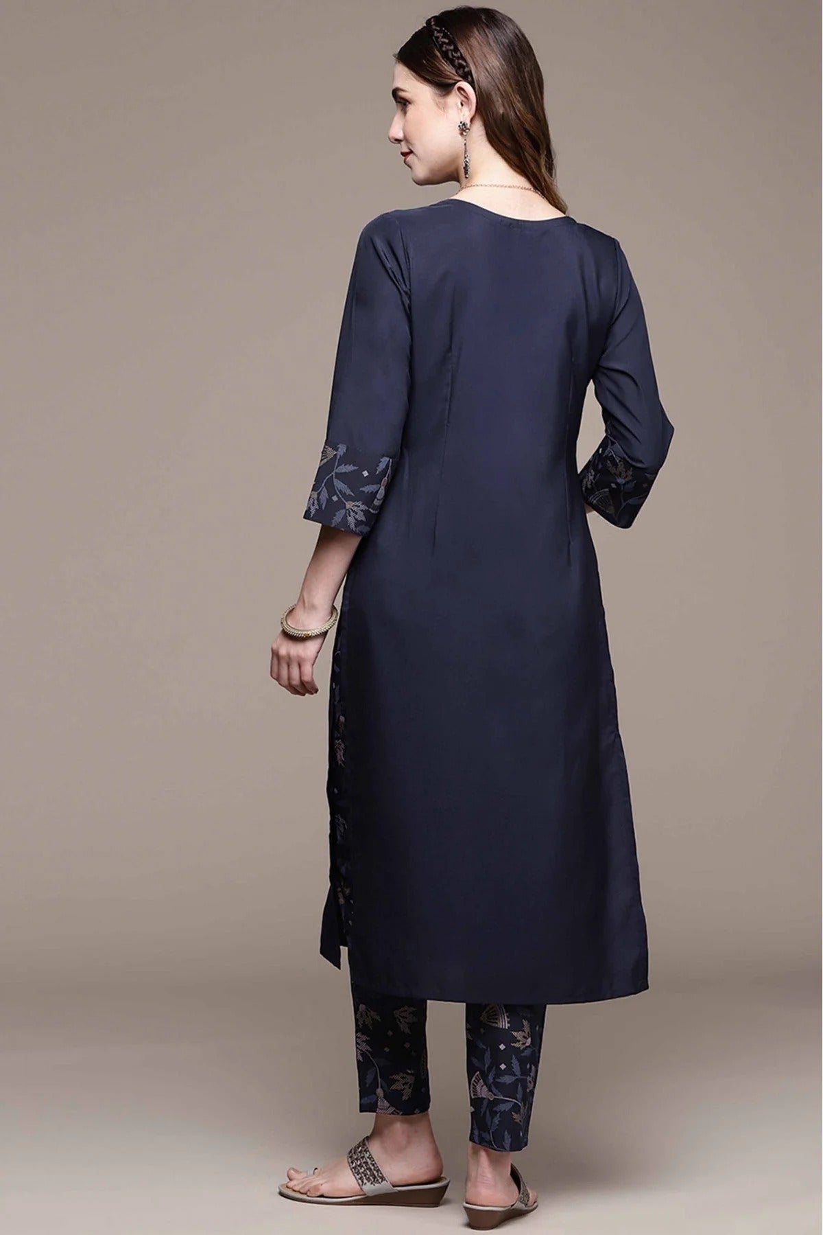 Navy Blue Crepe Foil Print Kurta With Pant  NCKR10610151