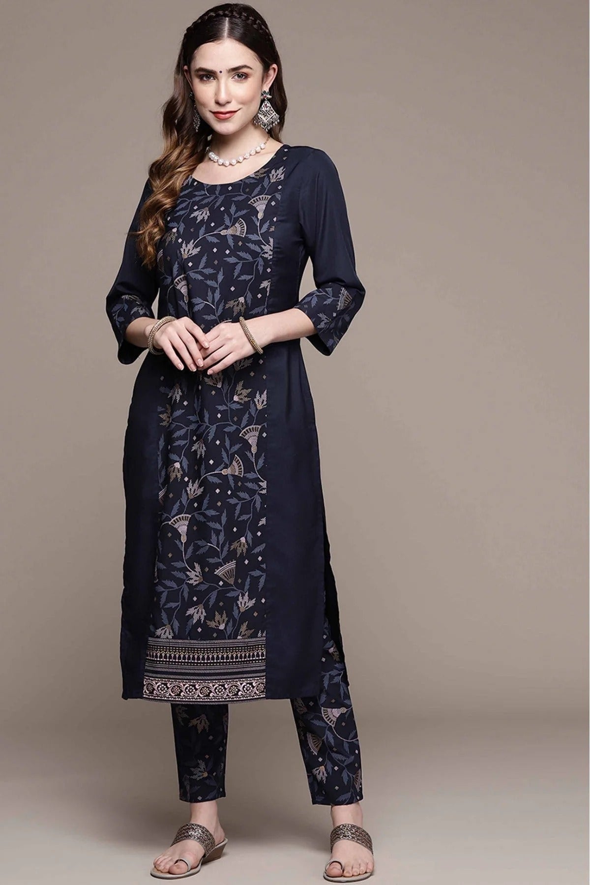 Navy Blue Crepe Foil Print Kurta With Pant NCKR10610151