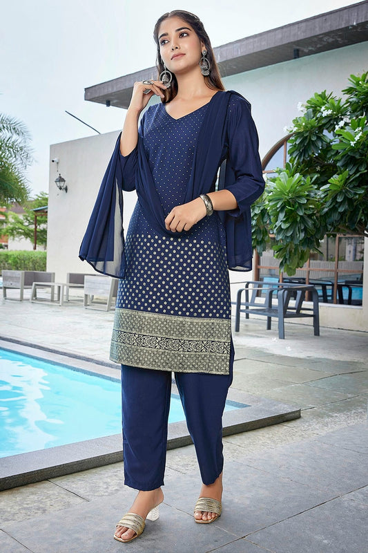Navy Blue Crepe Stitched Suit NCSS11111393